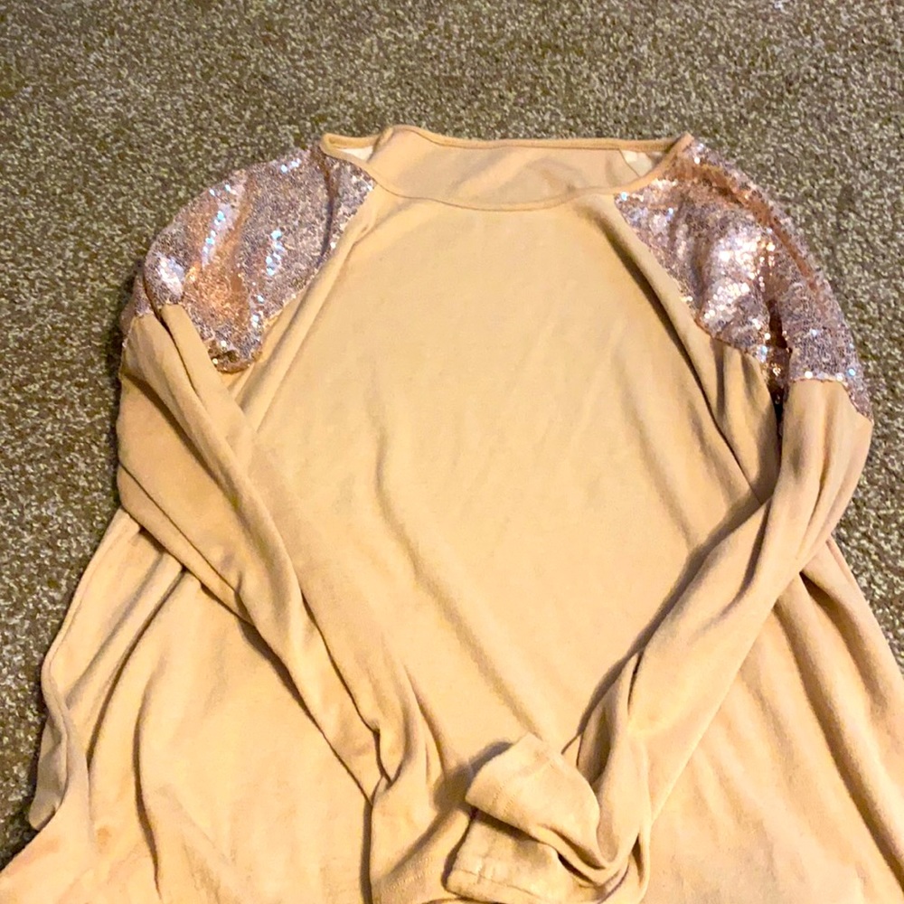 Camel sequin shoulder top